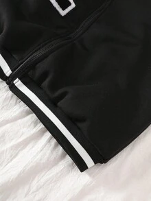 少女撞色字母图案拉链休闲棒球夹克，秋季 - 黑與白 - 查看 7