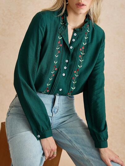 Écloséra French Style Daily Elegant Commuting Bottom Versatile Frill Edge Stand Collar Embroidered Dark Green Women's Autumn And Winter Tops Shirt Women's Shirt Women's Shirt Long Sleeve Top Women's Elegant Shirt Women's Casual Shirt, Christmas
