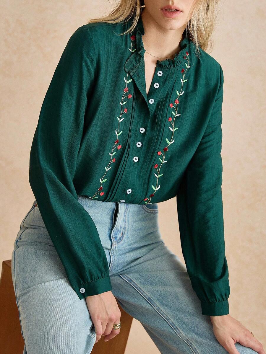 Écloséra French Style Daily Elegant Commuting Bottom Versatile Frill Edge Stand Collar Embroidered Dark Green Women's Autumn And Winter Tops Shirt Women's Shirt Women's Shirt Long Sleeve Top Women's Elegant Shirt Women's Casual Shirt, Christmas