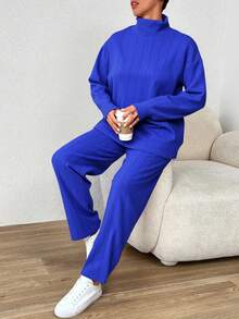 SHEIN Cottnline 女款半高領落肩毛衣2件/套 - 藍色 - 查看 3