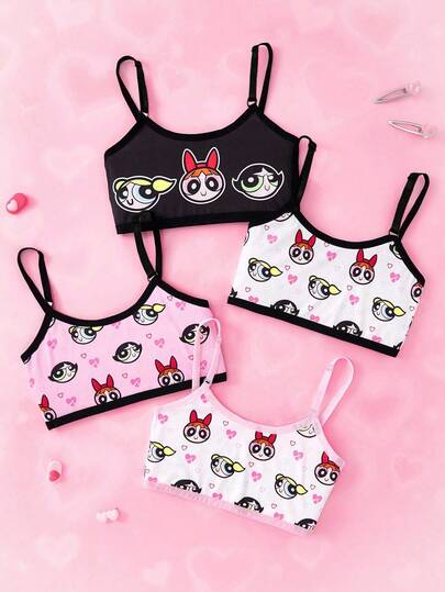 THE POWERPUFF GIRLS X SHEIN 4pcs/Set Tween Girl Blossom, Bubbles, Buttercup Pattern Soft & Comfortable Camisole Underwear,Kawaii,Cute,Sweet Fall Winter