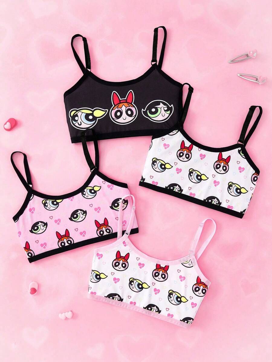THE POWERPUFF GIRLS X SHEIN 4pcs/Set Tween Girl Blossom, Bubbles, Buttercup Pattern Soft & Comfortable Camisole Underwear,Kawaii,Cute,Sweet Fall Winter - Black - View 1