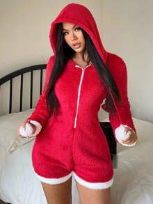 Lowkey Lull 圣诞风毛绒连帽连体衣，圣诞绒球装饰拉链连体衣，俏皮女孩，休闲年轻风，撞色设计，圣诞家庭聚会，情侣装，女士家居服，蓬松柔软，舒适保暖 - 紅色 - 查看 1