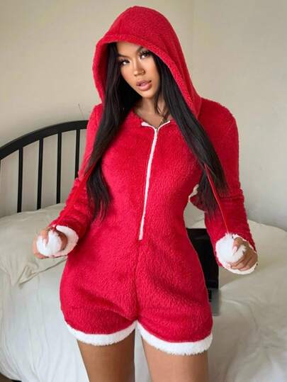 Lowkey Lull Weihnachtlicher Plüsch-Kapuzen-Romper im Ins-Stil, Weihnachts-Bommel-Reißverschluss, verspieltes Mädchen, junge Lässig-Mode, Kontrastfarben, Weihnachtsfamilienparty, Paare, Damen Loungewear, flauschig