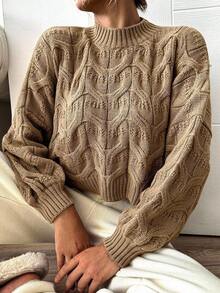 Mock Neck Drop Shoulder Cable Knit Sweater