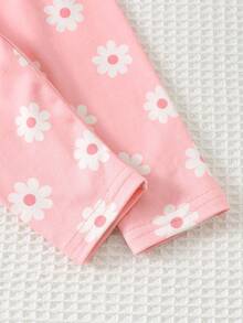 Cozy Pixies 2pcs Baby Girl Daisy Graphic Knit Soft Round Neck Long Sleeve Half-Zip Pullover Sweatshirt And Elastic Waist Leggings Set Fall Winter - Pink - View 5