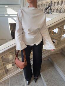 Jeta Ari 圆领喇叭袖短款办公室女士衬衫, 女款 - 杏色 - 杏色 - 查看 4