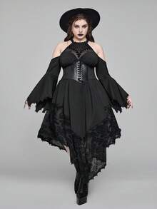 ROMWE Đầm maxi tay loe họa tiết hoa cổ ren viền bất đối xứng phong cách Gothic cỡ lớn, đầm dài thanh lịch tối màu theo phong cách Gothic cỡ lớn cho mùa thu/đông, đầm dài cổ điển sang trọng theo phong cách Gothic cỡ lớn cho phụ nữ mặc trong lễ Halloween, tiệc Giáng sinh - màu đen - Xem 9