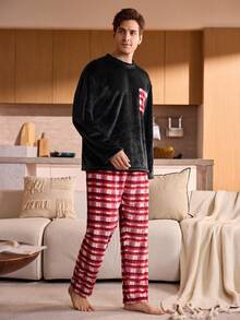 Men's Plaid Pocket Long Sleeve Top & Pants Pajama Set, Fall/Winter Clothes, Christmas, Fluffy, Cozy - Black - View 4