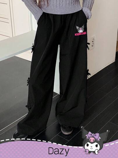 DAZY HELLO KITTY AND FRIENDS | SHEIN 青少年女孩休闲蝴蝶结装饰宽松阔腿裤