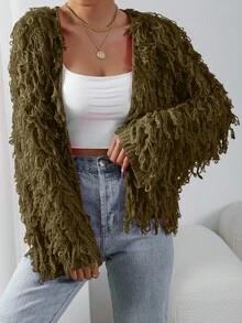 Zolique Áo khoác cardigan tua rua màu trơn thời trang cho đi làm, mùa thu - Màu xanh Ô liu - Xem 1