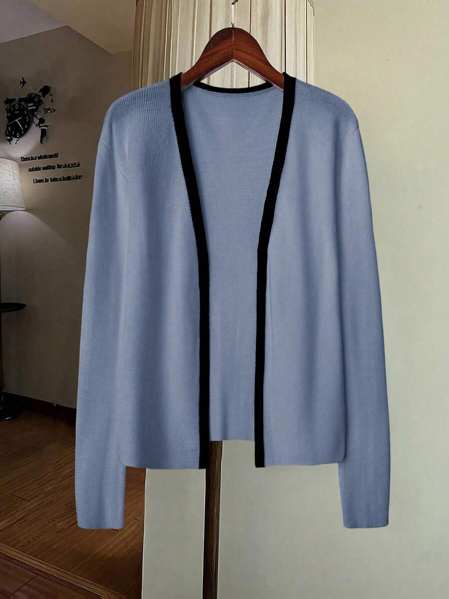 GlowEve Fashionable Minimalist Contrast Color Trim Cardigan, Versatile - Baby Blue - View 1