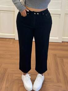 Dazy Plus Plus Size Women Dark Wash Slim Straight Leg Two-Button Jeans, Fashionable, Suitable For All Seasons - Black - View 7