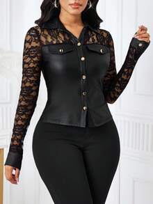 SHEIN Lady Áo thun nữ tay dài cài nút ren tương phản bằng da PU có túi nắp - màu đen - Xem 6