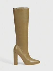 Daringsoles 尖头粗高跟秋冬靴，弹力紧身黑色侧拉链性感女式过膝皮靴 - 駝色 - 查看 3