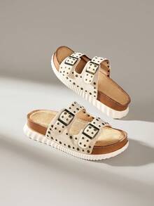 Solecia Women's Wedge Heel Thick Sole Round Toe Studded Apricot Comfortable Beach Casual Sandals - Apricot - View 6