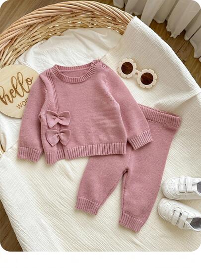 SHEIN Newborn Baby Girl Cute Casual Autumn/Winter Pink Bow Sweater & Elastic Waist Pants Set Baby Girl Knitted Outfit Baby Girl Warm Sets Knit Two Piece Toddler Baby Girl Long Sleeve Outfit Toddler Girl Knit Set Fall
