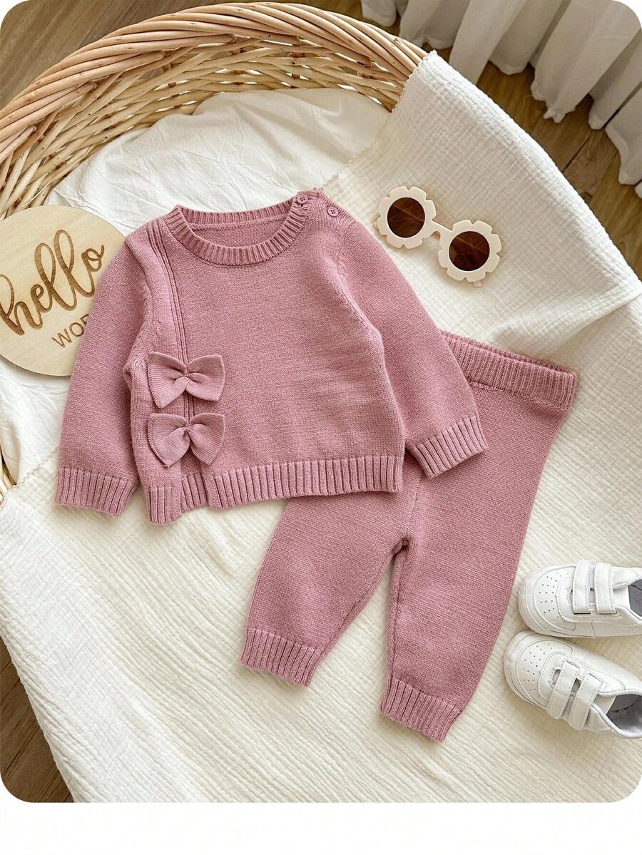 SHEIN Set da neonata con cardigan rosa con fiocco e pantaloni in vita elastica, per autunno/inverno