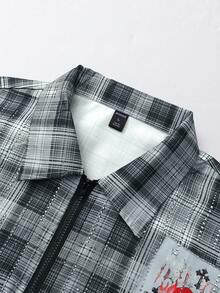 ROMWE MEN Street Life 男式哥特脸印花、水钻装饰、格子图案拉链休闲衬衫、万圣节