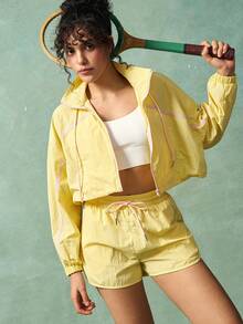 VARSIVA 2pcs/Set Women Casual Loose Long Sleeve Top And Drawstring Shorts Sportswear Set Yellow Two Piece Set Jacket And Shorts Set Yellow Shorts Women Yellow Activewear Two Piece Set Women Summer - Multicolor - View 7