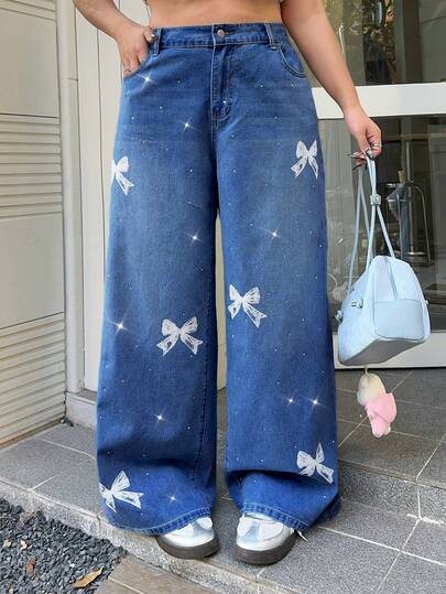 SHEIN MOD 大码蓝色牛仔裤蝴蝶结印花闪钻甜美直筒裤松紧腰休闲直筒裤春夏牛仔裤
