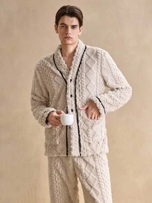 EverLounge 男士撞色滚边纽扣前开襟法兰绒家居服睡衣套装，秋冬装，蓬松舒适 - 彩色 - 查看 5