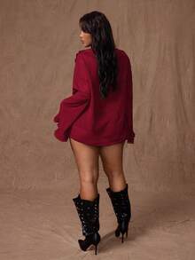 Rustia 大码女式纯色雪纺薄款双荷叶边宽松系带前长袖衬衫 - 酒紅色 - 查看 2