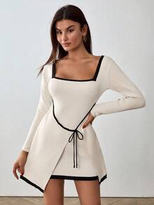 EURMUSE Petite Scollo elegante con contrasto, fiocco a maglia, con tie in vita - Bianco e nero - Visualizzare 3