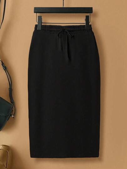 Rometta Plus Size Women Solid Color Black Waist Tie Knit Bodycon Skirt