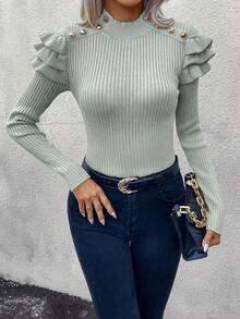 SHEIN LUNE Women's Solid Color Stand Collar Patchwork Ruffle Shoulder Button Design Fitted Pullover Sweater, Autumn - Light Grey - View 5