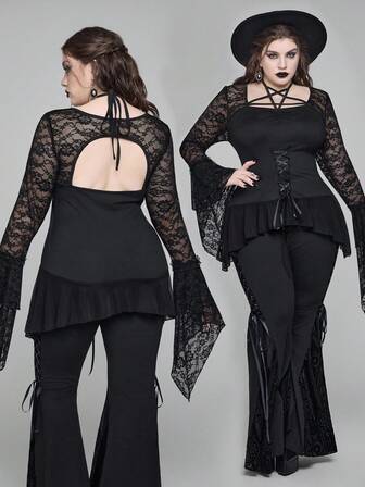 Blouse gothique grande taille à manches évasées asymétriques avec patchwork de dentelle, nœud à la taille et col ras-du-cou en forme d'étoile à cinq branches. Top élégant gothique grande taille au style sombre et esthétique. Top sexy grande taille, vêtements gothiques grande taille pour femmes.