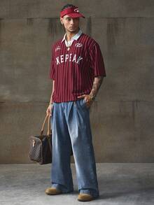 AXEPEAK 男士休闲通勤水洗阔腿牛仔裤 - 藍色 - 查看 4