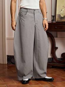 EASEVO 大码男士休闲宽松竖条纹蓝色长裤 - 灰色 - 查看 3