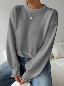 EMERY ROSE 女式纯色简约休闲圆领长袖白色毛衣 - 灰色 - 查看 4