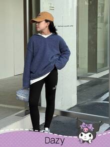 HELLO KITTY AND FRIENDS | SHEIN DAZY Tween Girl Letter Graphic Knitted Thermal Lined Leggings,Winter - Black - View 6