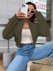 SHEIN Unity 女士休闲纯色基本款拉链短夹克 - 軍綠色 - 查看 3