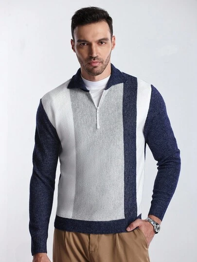 Manfinity Homme Suéter casual con cremallera y manga larga a rayas para hombre, otoño/invierno