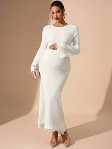 MaterniChic 秋冬孕妇装 孕妇毛衣裙 罗纹针织裙 孕妇白色连衣裙 长款孕妇装 孕妇写真裙 白色长袖连衣裙 新年女装 派对优雅连衣裙 - 白色 - 查看 5