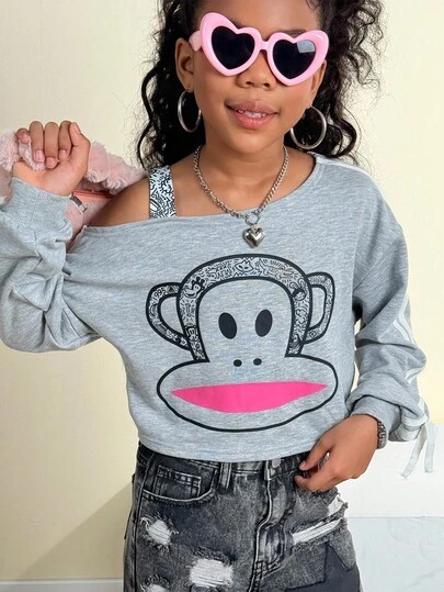 Paul Frank X SHEIN Tween Girls Winter,Vintage Preppy,Streetwear,Co-Branded Items,Cute Monkey Graphics,Grey Asymmetrical Cropped Sweatshirt,Halloween,Christmas Fall