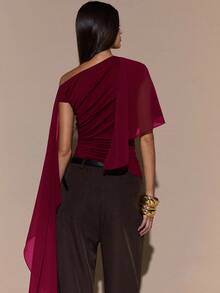SHEIN BAE Women's Asymmetric Shoulder Ruched Neck Tie Knit Top, Elegant Fitted Sweater, Autumn/Winter,Red Top - Burgundy - View 2