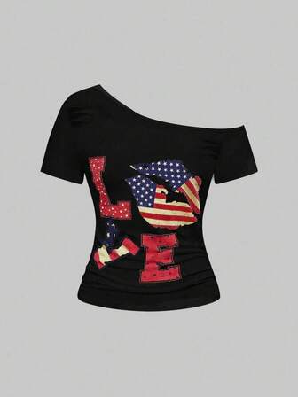 ROMWE Avant Camiseta de verano casual asimétrica con estampado de bandera y labios para mujer, estilo K-pop