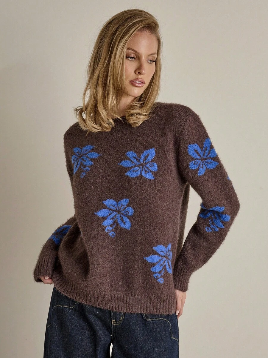 COSMINA Women's Casual Floral Patterned Crew Neck Sweater, Autumn/Winter Sweaters For Women