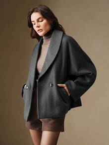 Anewsta 女士秋冬双面羊毛面料时尚百搭纯色宽松羊毛休闲夹克，咖啡色 - 灰色 - 查看 11