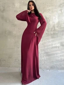 Firerie Robe longue élégante et minimaliste pour femmes, col asymétrique froncé, ourlet inégal, manches évasées, couleur bordeaux, convient pour les occasions formelles et la rentrée scolaire