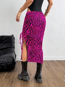 SHEIN EZwear 女性夏季半腿裙，整體打褶設計，綁繩開叉設計，採用印花布料 - 玫紅色 - 查看 2