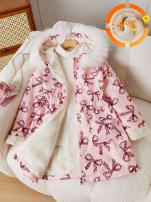 SHEIN 女童连帽毛领棉服，时尚休闲百搭通勤装，适合秋冬外出、购物、旅行，可搭配牛仔裤、运动裤、连帽衫 - 粉色 - 查看 3