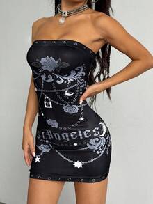 Jeanoix 女式朋克玫瑰链图案印花黑色性感紧身无袖迷你连衣裙，适合派对和约会 - 黑色 - 查看 4
