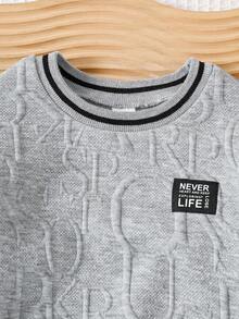 SHEIN Playful Pals 2 件套男婴休闲字母针织提花饰边罗纹圆领长袖运动衫和松紧腰裤套装，适合外出、休闲装、旅行，6 个月至 3 岁秋冬