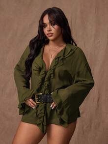 Rustia Áo cánh tay dài dáng rộng, thắt nơ phía trước, chất liệu voan mỏng, mỏng, hai lớp nhún bèo, màu trơn cỡ lớn dành cho nữ - xanh quân đội - Xem 6