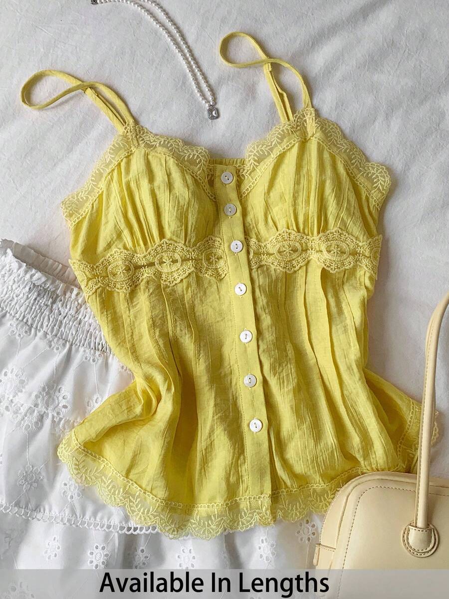 SHEIN Tall CURVE 大码女式纯色撞色蕾丝单排扣吊带背心 - 黃色 - 查看 1